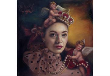 Image shows a piece of Katie Ray's art. The painting is of a woman with 2 small figures on her shoulder and head
