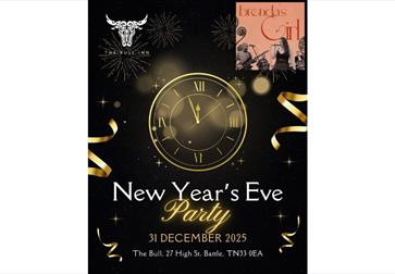 Image shows the post for the New Year's Eve party at The Bull in Battle. It is a black leaflet with images of golden ribbons and a clock counting down