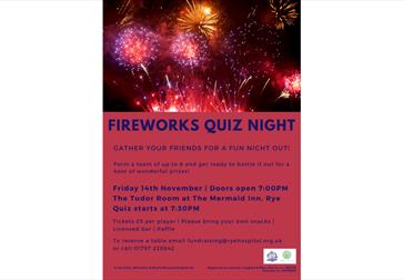 Image shows a picture of fireworks exploding in the sky in bright colours (purple, red, orange and yellow). Text reads 'Firework quiz night', gather y