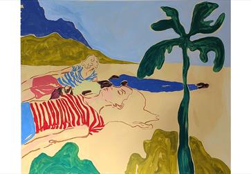 Image shows a painting by Elizabeth Power, of people laying on a sandy beach with a tree in the foreground.