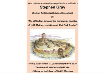 Lecture poster with a cream background and a hand-painted medieval fort scene in the middle—circular earthworks, wooden palisade, bridges, and a tall