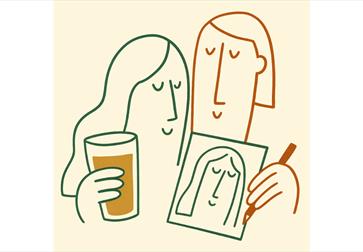 Image shows a line drawing of 2 people, one is holding a pencil and a drawn portrait of the other person. The other person with long hair is holding a