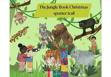 Image is an animation drawing of different animals including a brown monkey, a wolf, a snake, a brown bear, a tiger and an elephant as well as 2 peopl