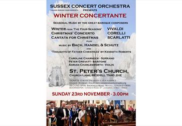 Iamge shows a poster for the winter Concertante that is held at St Peter's church. The image shows the group in action. The writing says: Sussex Conce