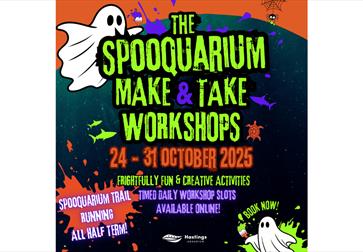 Image reads: 'THE SPOOQUARIUM - MAKE & TAKE WORKSHOPS - 24-31 OCTOBER 2025 - FRIGHTFULLY FUN & CREATIVE ACTIVITIES - TIMES DAILY WORKSHOP SLOTS - AVAI