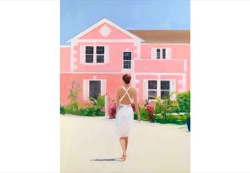 Painting of a person in a white dress walking toward a large pink house with green plants under a clear blue sky.