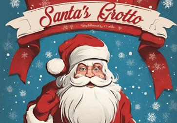 Graphic showing Father Christmas graphic and text 'Santa's Grotto'.