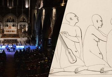 photograph of a concert hall next to a line drawing of three figures playing instruments.