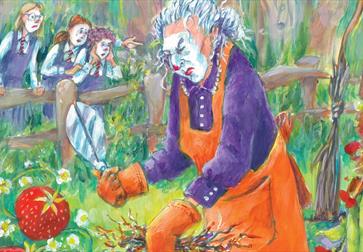 coloured illustration of a character in an orange apron, purple shirt with a white painted face gardening.  Three schoolgirls look in through the fenc