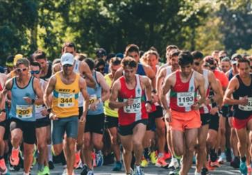 Large group of runners in athletic gear starting a race on a sunny outdoor road lined with trees.
