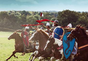 Coming from the right of the screen, knights in armour charging on horseback, green field in background and to left.