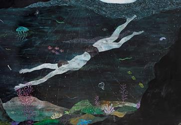 Image shows art related to the undersea exhibition. Image is of a person swimming around the reef in dark water with multiple animals surrounding them