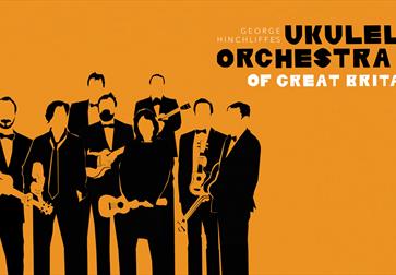 Poster for the Ukulele Orchestra of Great Britain. A plain orange background with black silhouette ukulele musicians.