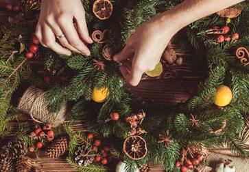 birds eye view of Christmas wreath-making workbench