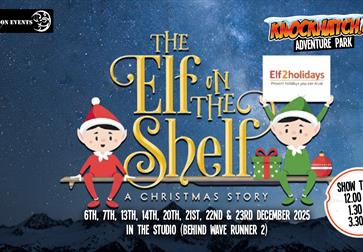 Promotional poster for “The Elf on the Shelf: A Christmas Story” event. The background shows a dark blue night sky with stars above snow-covered mount