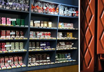 Shelving showing Only Coco chocolates from Rye Chocolates and close up of chocolate bar.