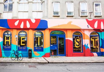 Exterior of st leonards street food market heist with brightly coloured design