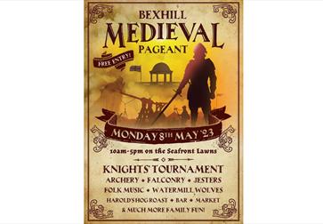 Poster for Bexhill Medieval Pageant. Mostly text as included in the main page description. Designed as if on old parchment. There is a reddish silhoue