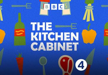 Image description: text reads 'BBC - The Kitchen Cabinet' with the logo for BBC Radio 4. The background is a  bright blue with animations of a pepper,