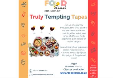 Poster for Truly Tempting Tapas. White background with tapas dishes and sangria glasses. The text is in the main description.