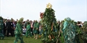 Jack in the Green figure and leaf-clad performers gathered on grass during the Hastings Jack in the Green festival.