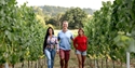 Oastbrook owners walking through vineyard rows surrounded by rolling countryside.