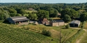 Aerial view of Oxney Organic Estate vineyard, farm buildings and rolling countryside landscape.