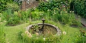 Flower-filled garden at Lamb House featuring a stone fountain, roses, climbing plants and a garden bench.