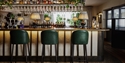 Elegant cocktail bar at The Gallivant with leather stools, hanging glassware and lush plants.
