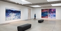 Visitor viewing large abstract paintings in a bright gallery space at Hastings Contemporary.