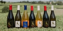 Selection of Charles Palmer Vineyards wines displayed outdoors with vineyard views in the background.