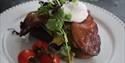 Plated breakfast at The Laindons featuring bacon, poached egg, avocado and vine tomatoes on a white dish
