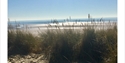 View of Camber Sands through coastal dune grass, with wide sandy beach, shimmering sea and clear blue skies.