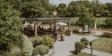 Outdoor tasting area at Gusbourne Estate with wooden seating, vineyard views, and landscaped gardens.