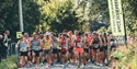 Photo of a Nice Work Race event. The photograph shows  lots of runners on the route of a race. They are all packed together and running on a road