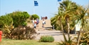 Image shows a family walking from the beach at the caravan park. You can see grass, trees and blue skies.