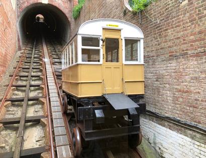 Picture of the Victorian coaches still used today on West Hill Cliff Railway, Hastings