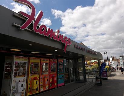 Outside of the Flamingo Amusements Hastings with large pink sign.