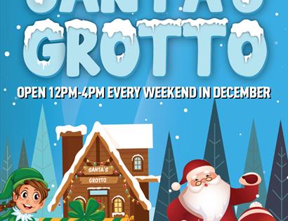 Blue poster showing details for Santa's Grotto at Flamingo Amusements - every weekend before Christmas from 12pm-4pm. Image shows Santa, Elves and a s