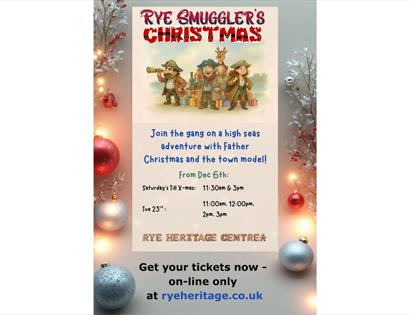 Poster for Rye Smuggler’s Christmas event at Rye Heritage Centre, featuring smugglers and festive decorations.