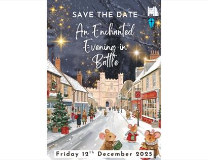 Save the date poster for “An Enchanted Evening in Battle” on 12th December, with festive street and starry sky.