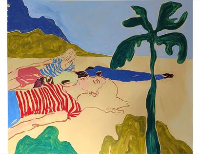 Image shows a painting by Elizabeth Power, of people laying on a sandy beach with a tree in the foreground.