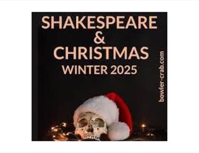 Poster for “Shakespeare & Christmas Winter 2025” featuring a skull wearing a Santa hat with festive lights.