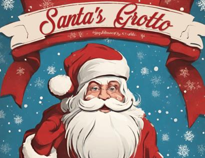 Graphic showing Father Christmas graphic and text 'Santa's Grotto'.