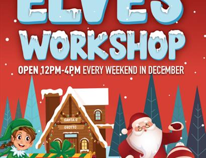 Poster showing the Evles' Workshop at Playland - states open 12pm-4pm every weekend in December