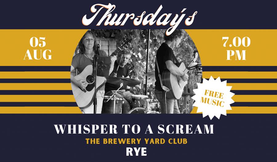 A blue and yellow poster for Live Music Thursdays at the Brewery Yard Club, Rye, East Sussex. In the centre is a black and white circular photograph w