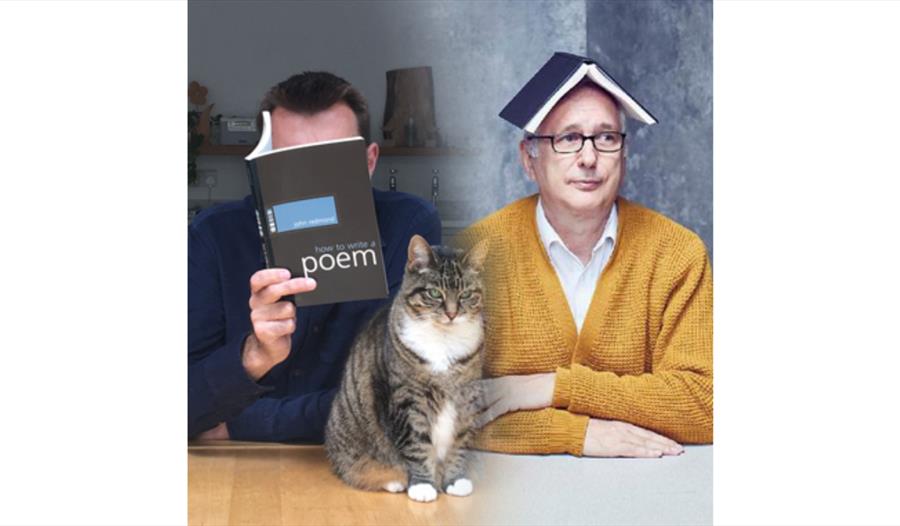 Photograph of Brian Bilston, Henry Normal, and a cat.