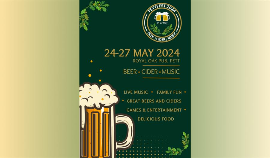 Poster for Pett Beer Festival: says live music, family fun, great beer and ciders, games and entertainment, delicious food.