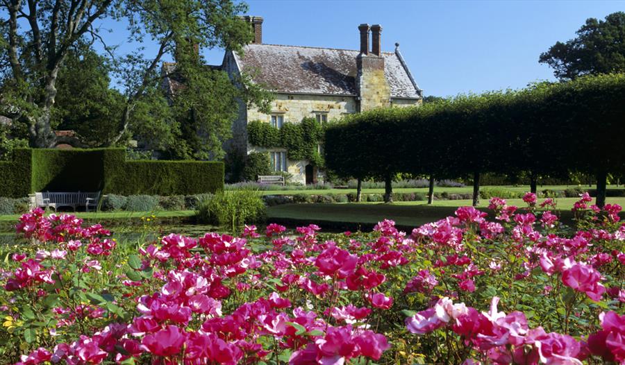 pink blooms in foreground wiht old country house once belonging to Rudyard Kipling in background