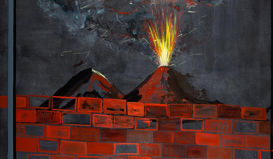 painting with red brick wall and explosive volcano.